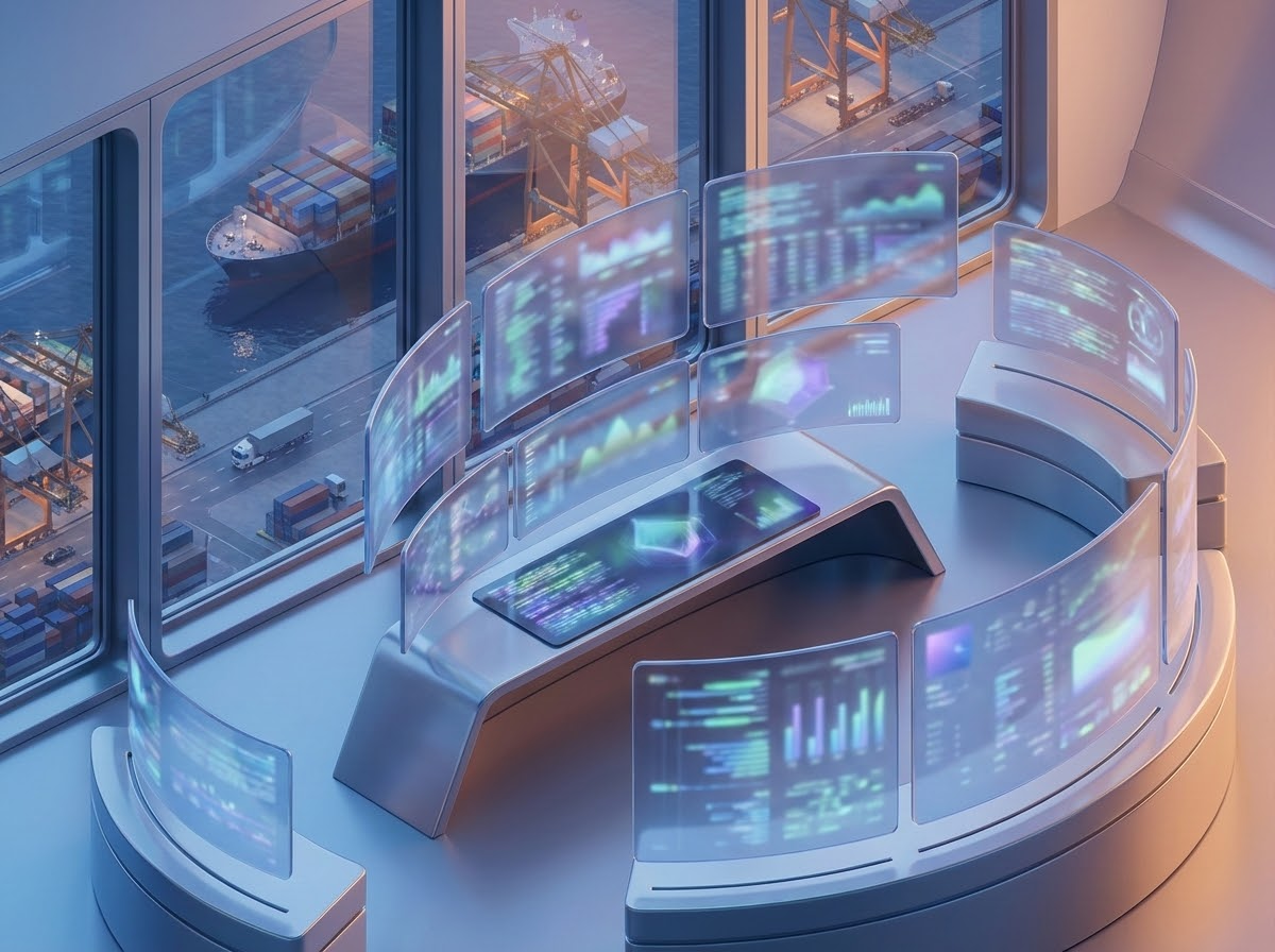 3D render of a control room with large data screens and a view of a busy port, symbolizing operational dashboards turning KPIs into insights.