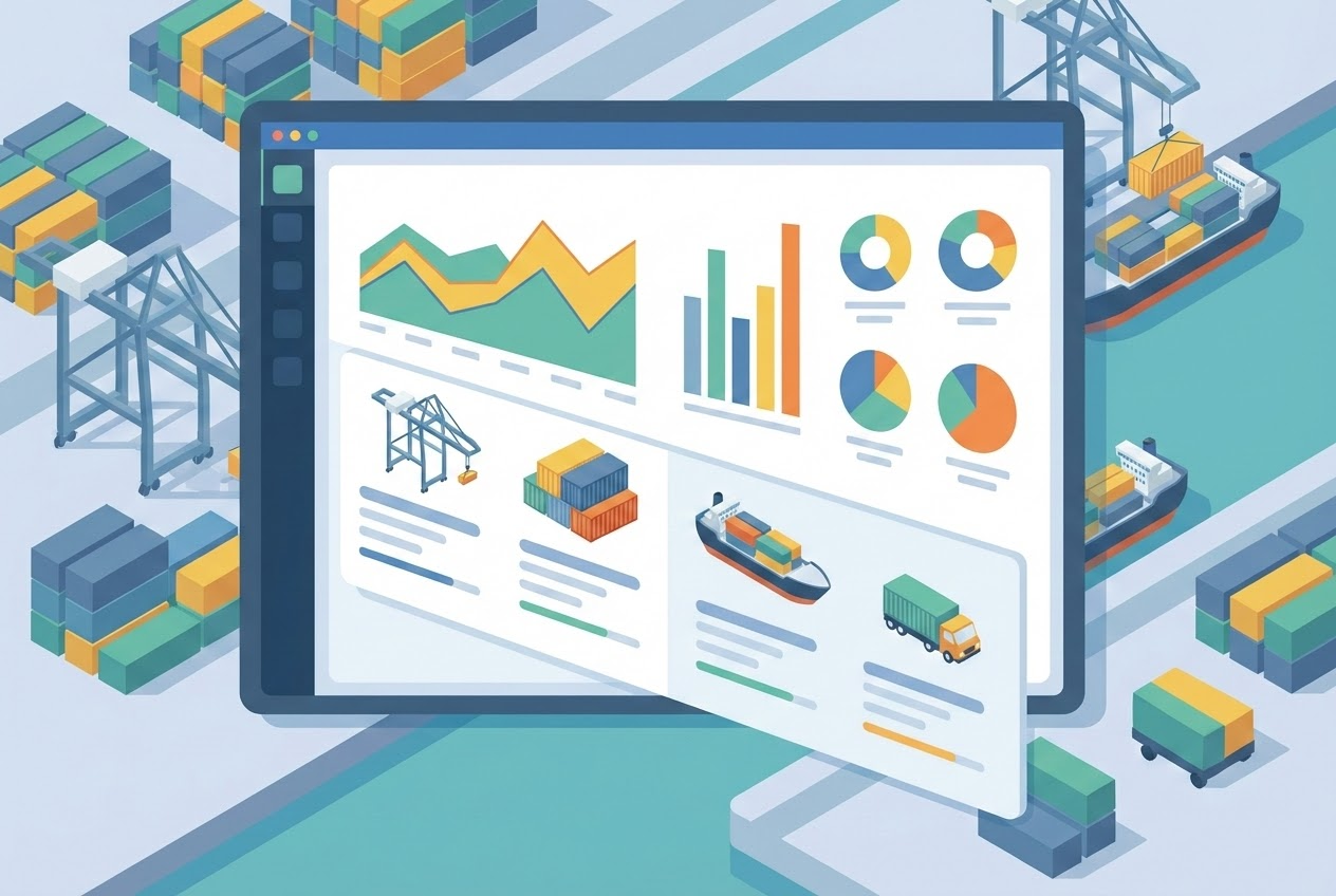 Flat vector dashboard with abstract KPI graphs and port-related icons, illustrating key metrics for port transport operations.