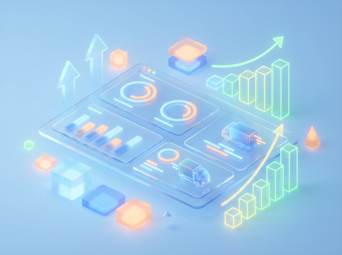 A 3D-rendered abstract dashboard with icons for containers and trucks, showing visual cues of logistics improvement and progress.