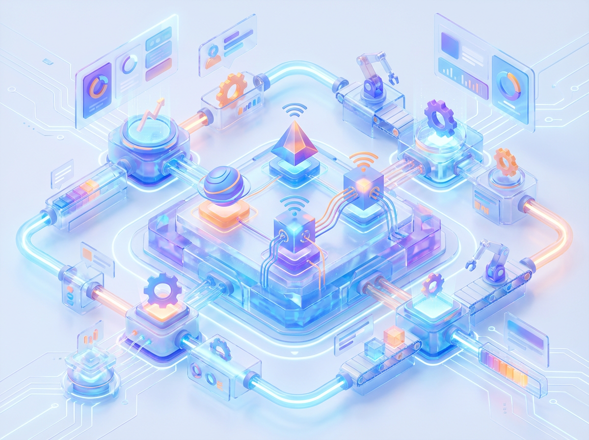 3D render of an abstract digital dashboard unifying multiple carrier icons and workflow automation symbols, representing standardized processes across networks.
