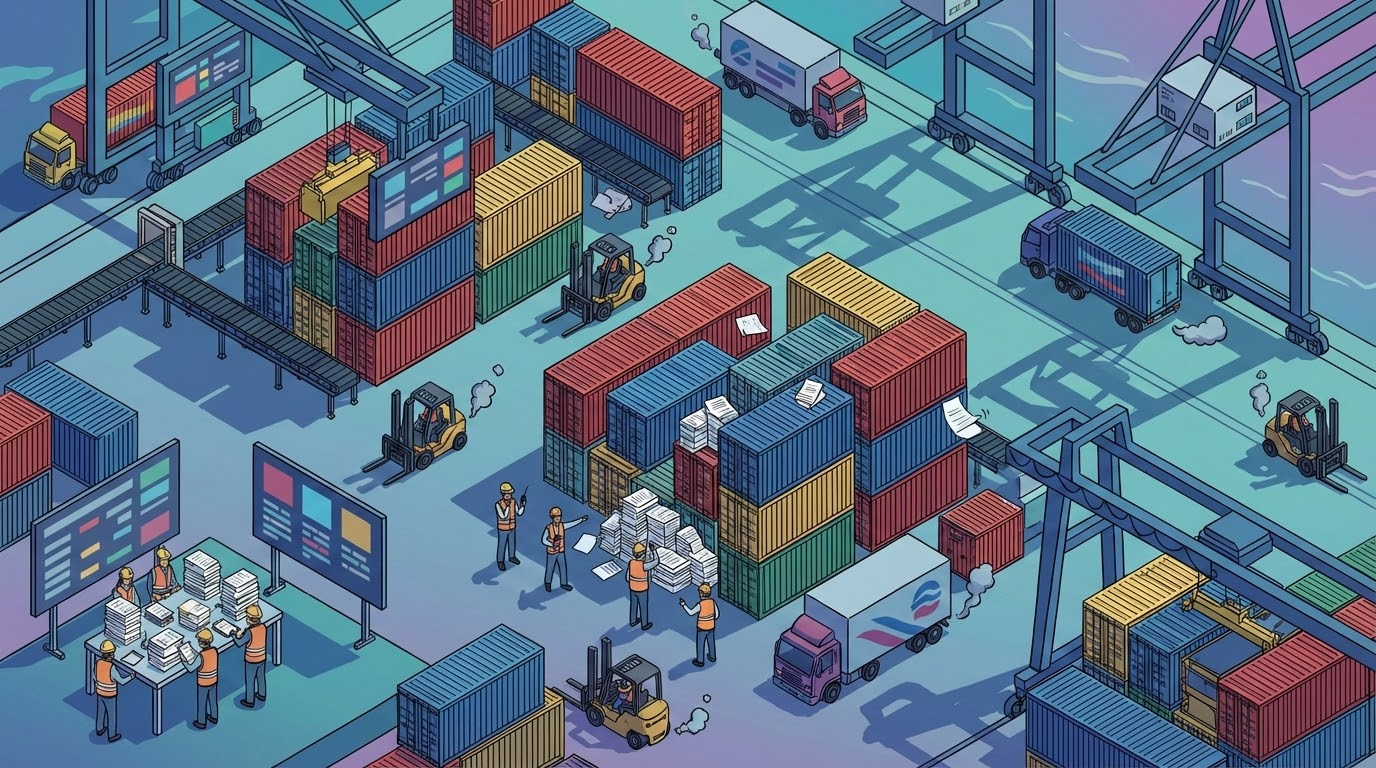 Isometric illustration of a busy container port with multiple terminals, workers handling paperwork and radios, and stacks of containers, representing manual exception management.