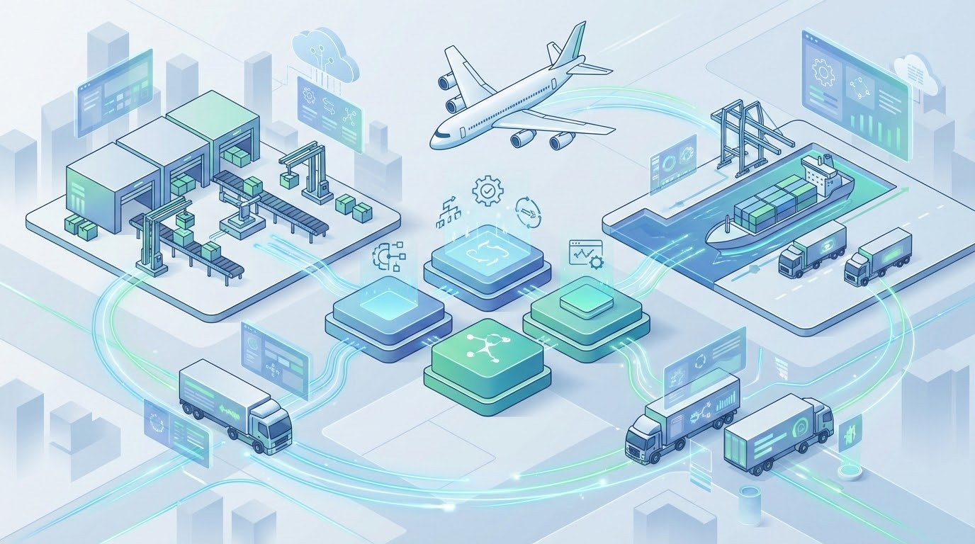 Isometric illustration of logistics hubs and transport vehicles interconnected by digital workflow lines, symbolizing standardized logistics processes.