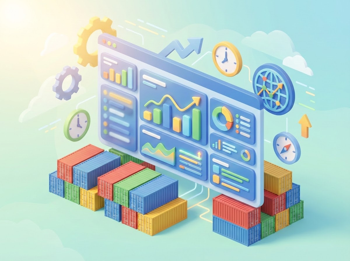 3D render of an abstract digital dashboard with graphs, surrounded by shipping containers and logistics icons, illustrating measurable results from automation.