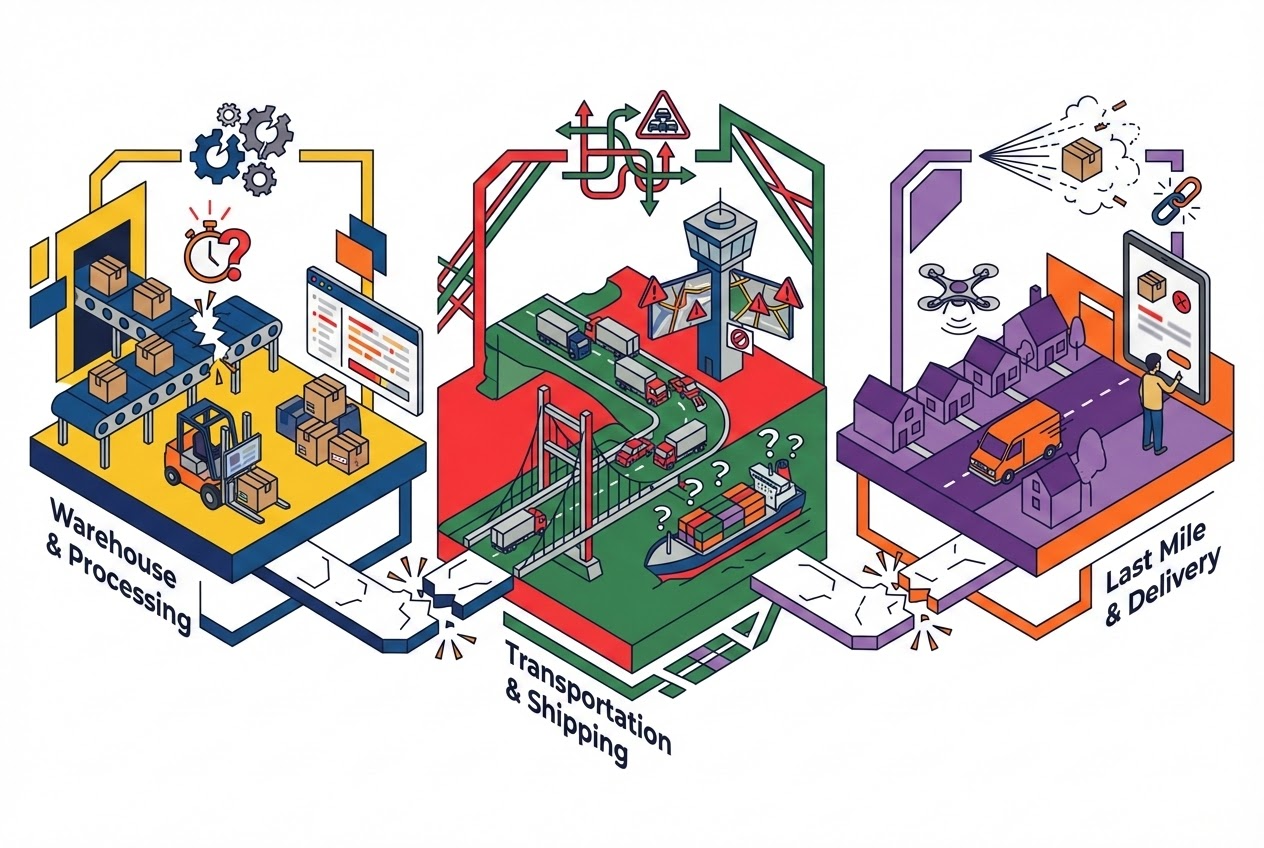 A flat vector image depicting three highlighted operational gaps in a logistics workflow, each shown with abstract icons for inefficiency.