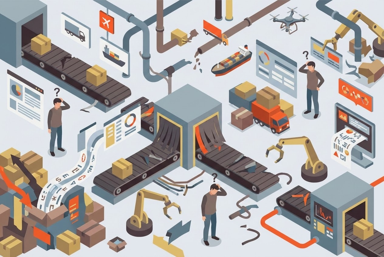 Flat vector illustration of a chaotic logistics operation with fragmented workflows and confused operators, highlighting operational inconsistency.