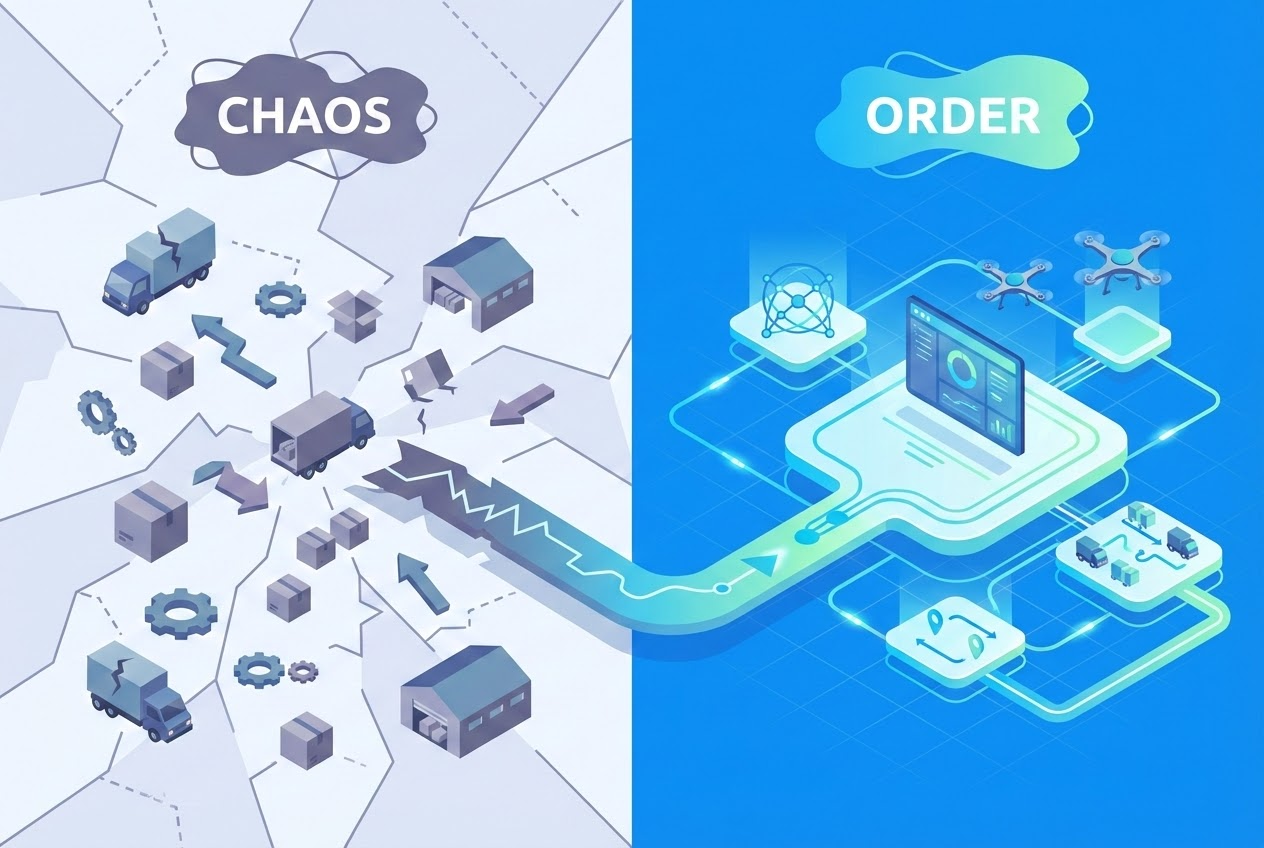 A split flat vector image showing fragmented logistics systems on one side and a unified, connected platform on the other, symbolizing improved visibility and control.