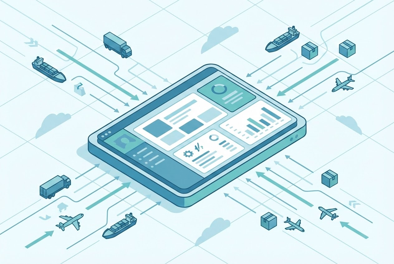 Flat vector image of a centralized logistics dashboard with multiple data streams and shipment icons merging into one interface, representing real-time visibility.