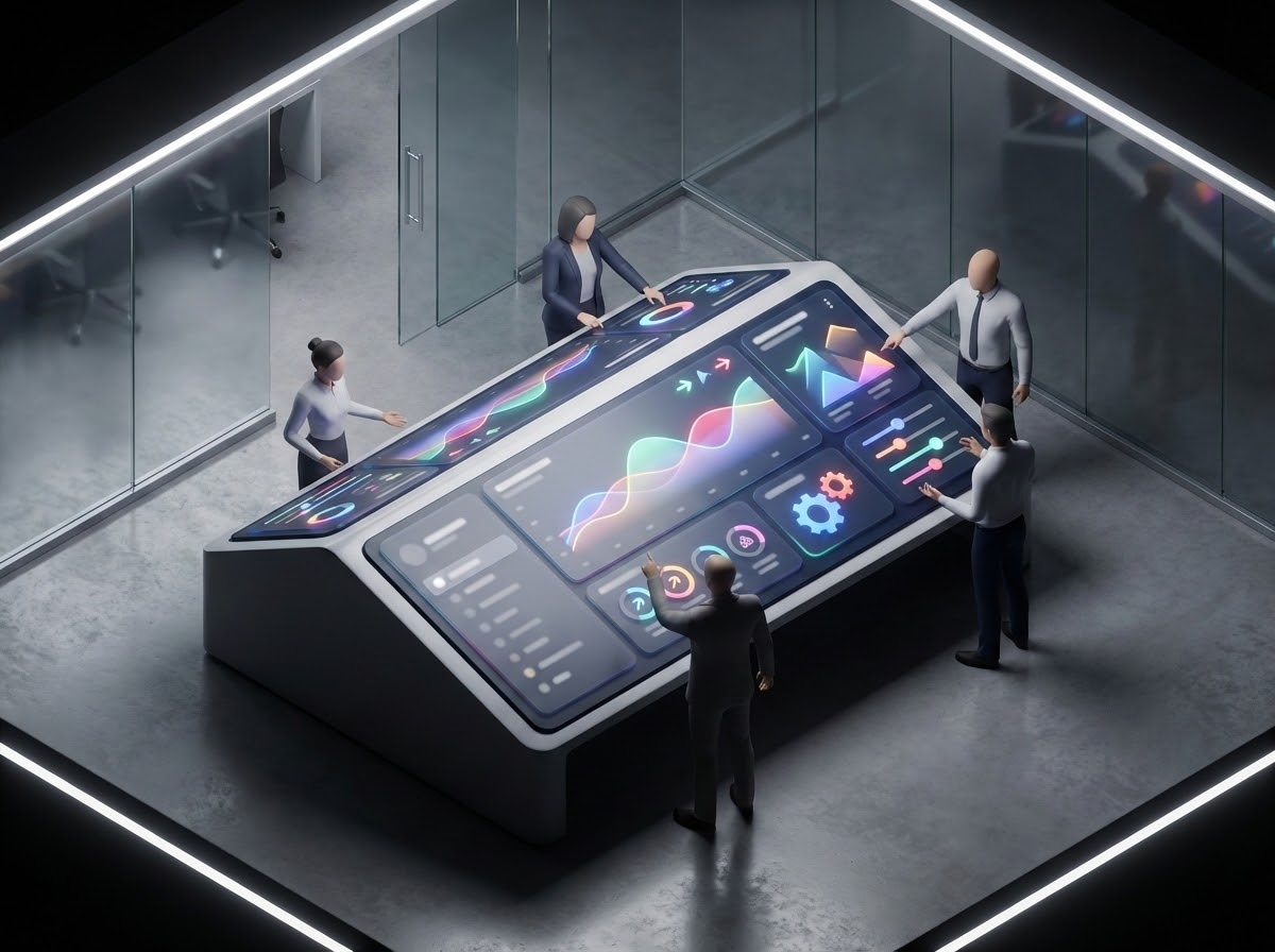 A 3D-rendered scene of a team collaborating in a modern workspace, focused on an abstract analytics dashboard with graphs and rate control icons.