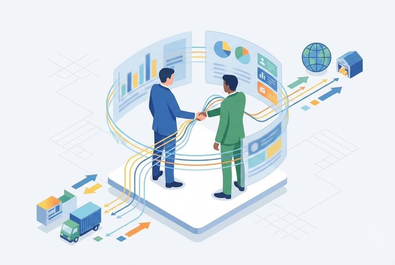 Flat vector illustration of two businesspeople shaking hands, linked by abstract data visualizations to symbolize trust through transparent reporting.