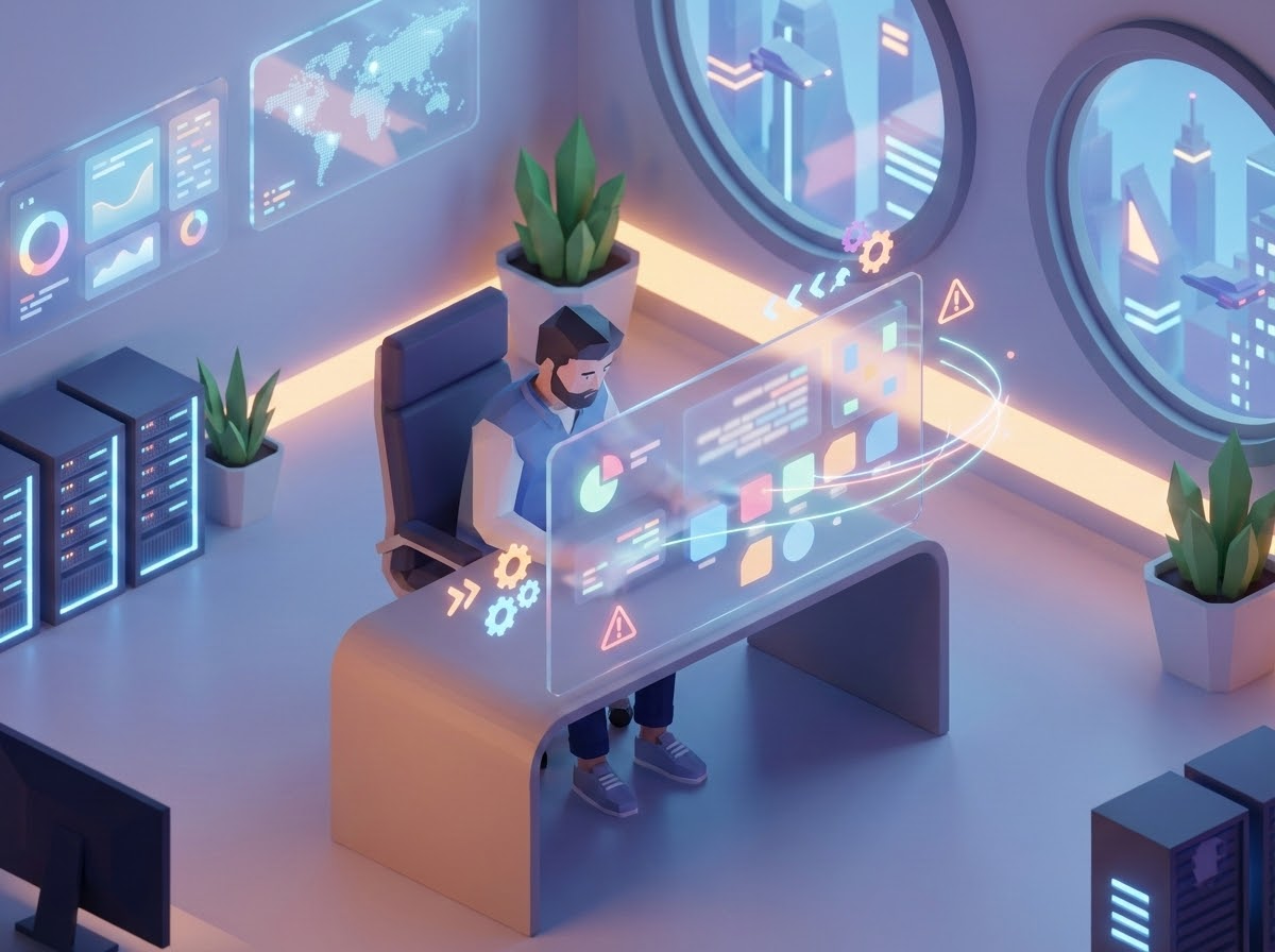 3D-rendered scene of an operations manager analyzing a glowing analytics dashboard with abstract metrics and alert icons in a modern office.