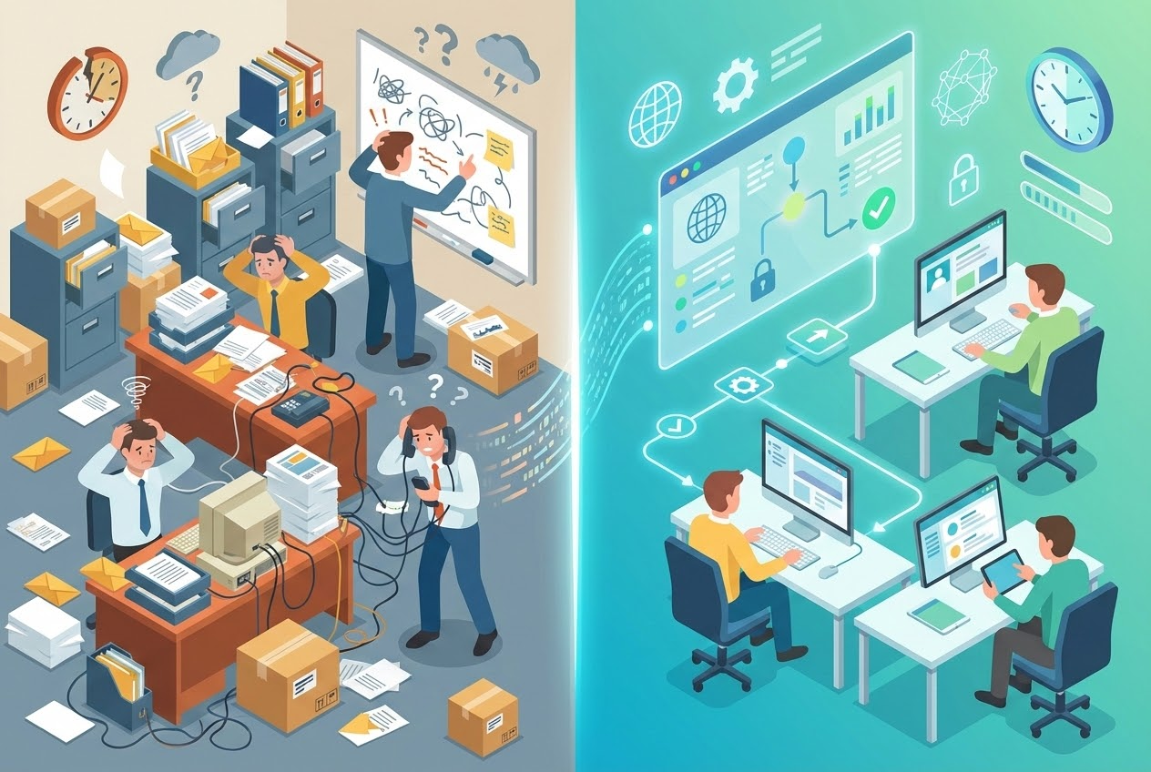 Split flat vector image showing a chaotic manual logistics office contrasted with an organized digital workspace.