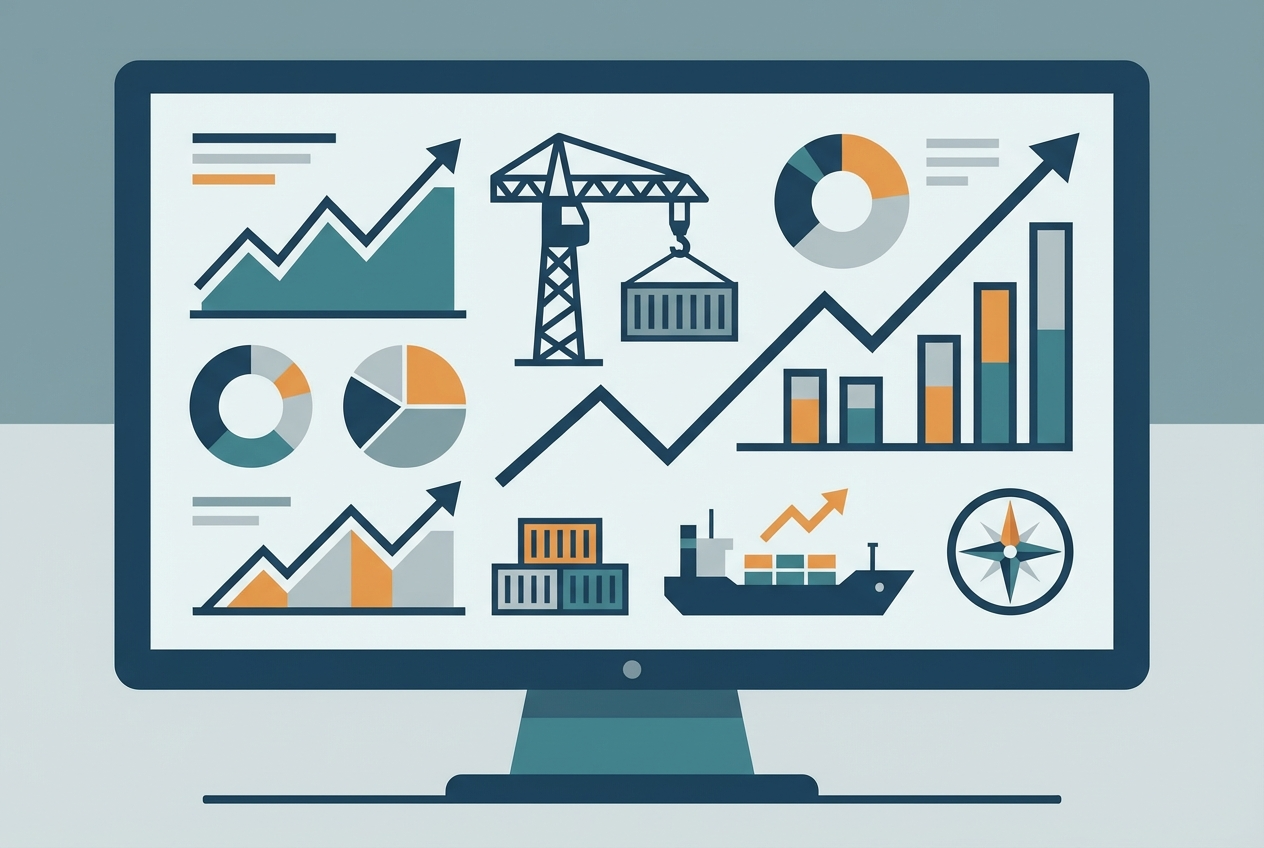 Flat vector dashboard with abstract graphs and port-related icons, illustrating essential KPIs for port operations.