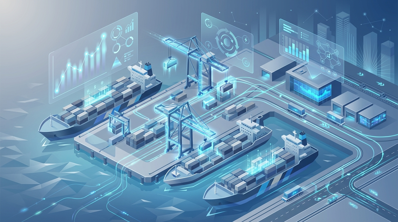 Isometric illustration of a busy port with ships, cranes, and digital data overlays symbolizing analytics and KPI tracking.