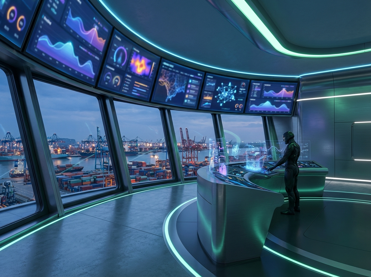 3D-rendered control room with digital screens and a view of a port, highlighting real-time analytics in action.