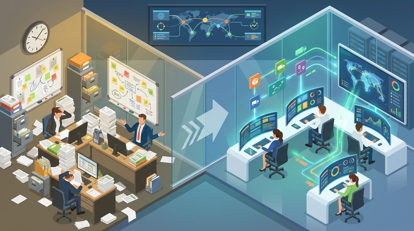 Isometric illustration of a logistics control room split between chaotic manual processes and organized automated exception management, with operators and digital panels.