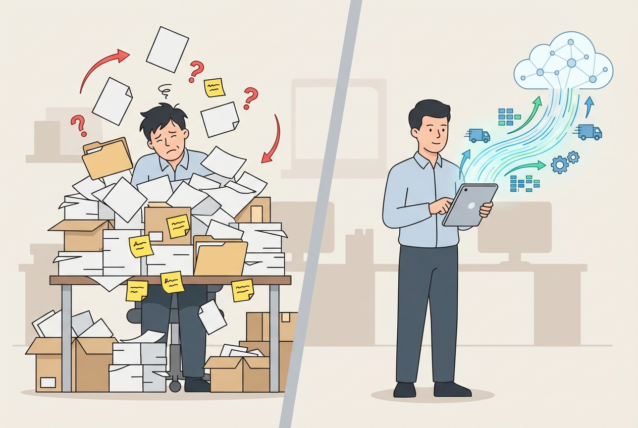 Flat vector illustration of a logistics manager stressed by paperwork contrasted with a calm manager using a digital tablet for exception tracking.