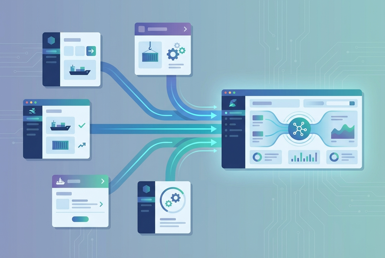 Flat vector image of abstract digital systems converging into a single unified dashboard, symbolizing integration in port operations.