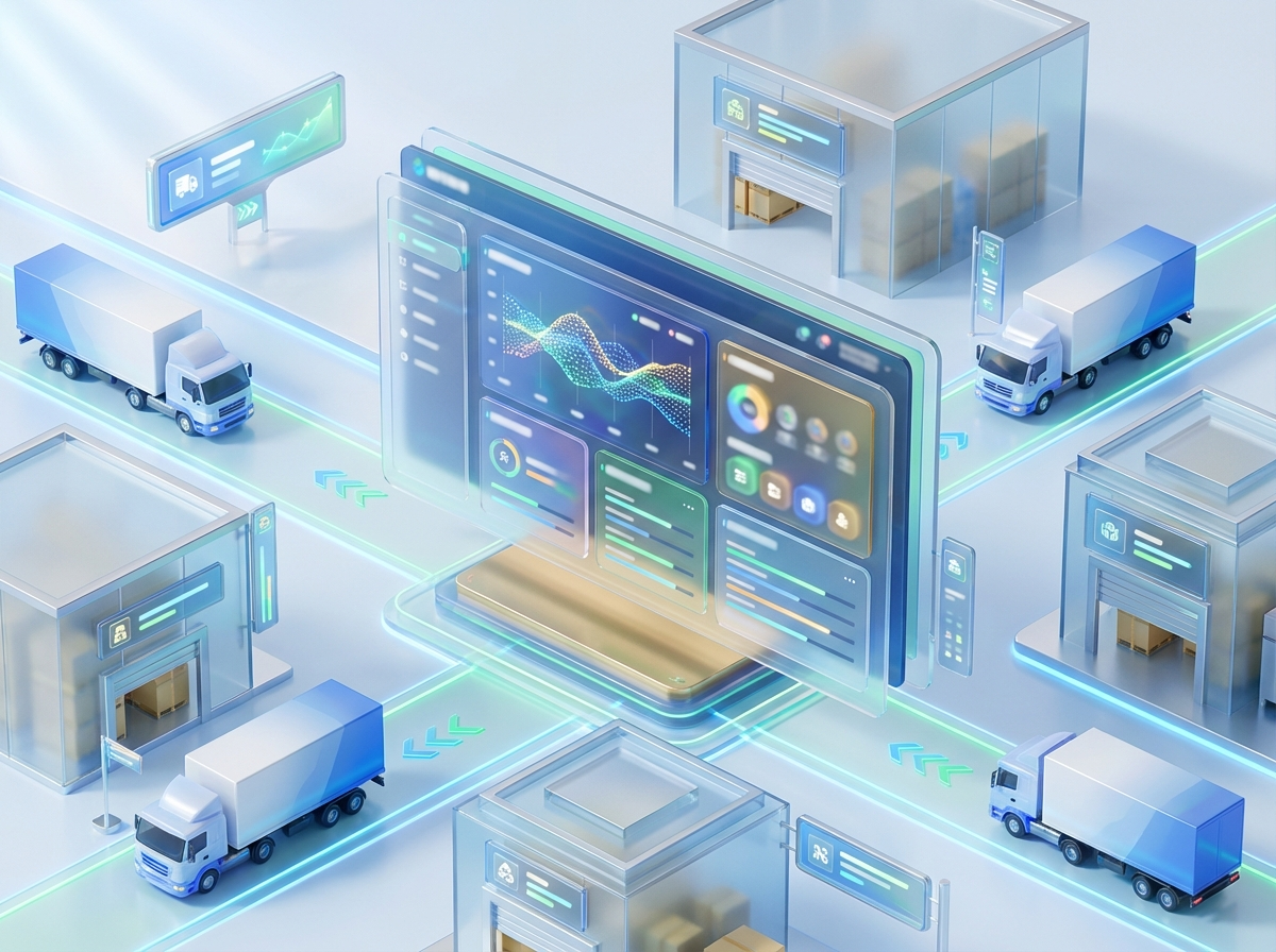 3D-rendered dashboard with abstract charts and icons, connected to carrier and warehouse symbols, representing automated exception management.