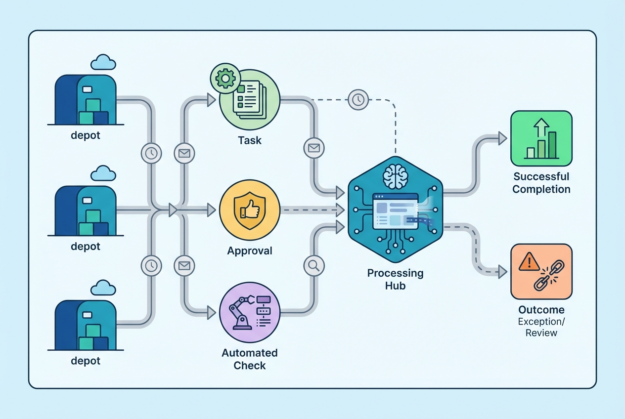 Flat vector illustration of a digital workflow connecting multiple depots, showing standardized steps and digital checkpoints.