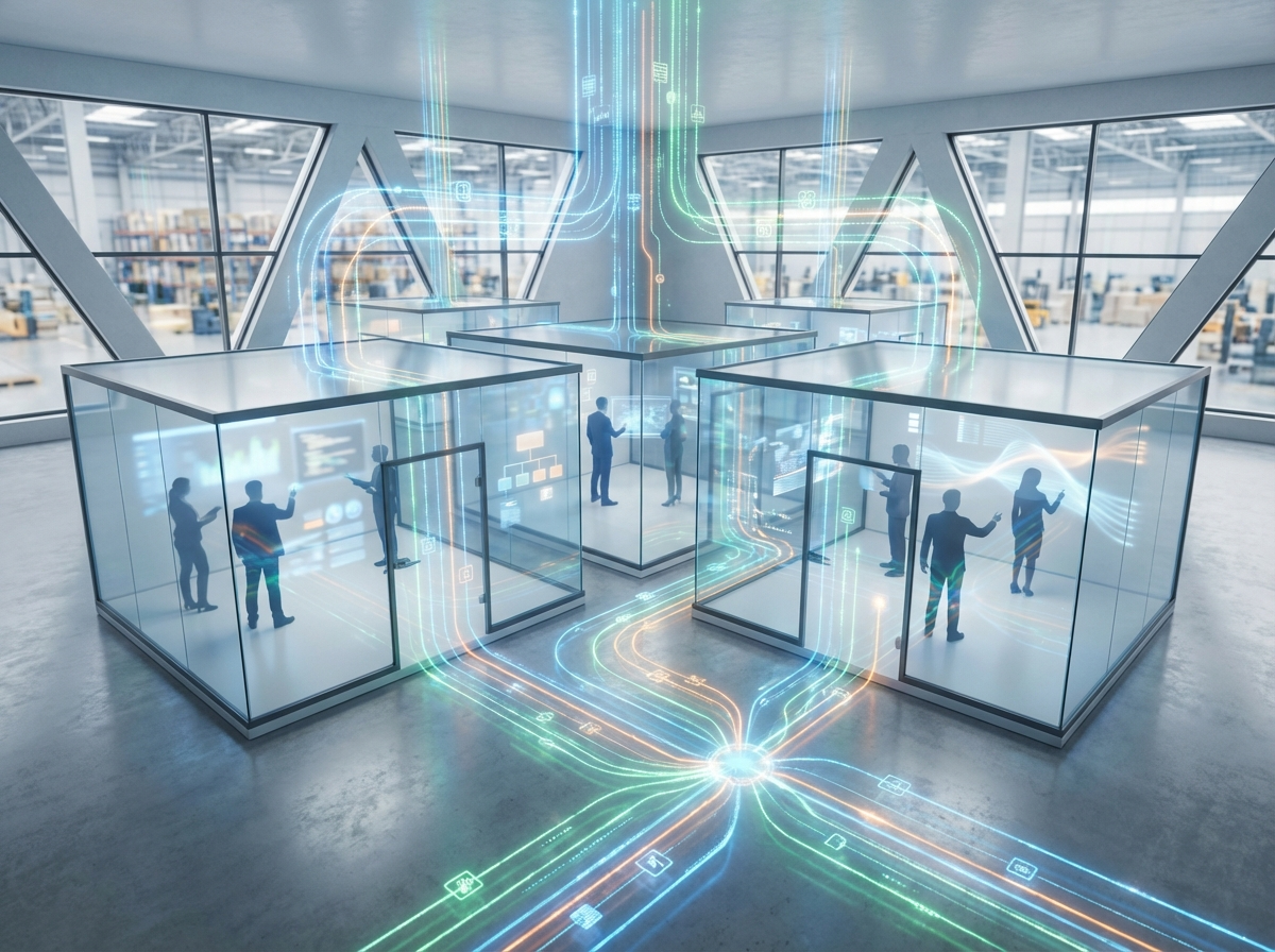 3D render showing glass rooms with businesspeople silhouettes connected by glowing digital lines, symbolizing integrated workflows.