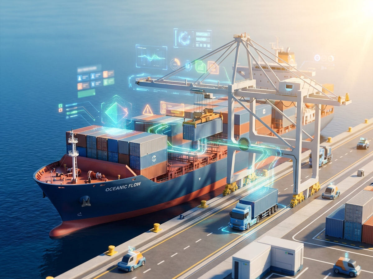 3D rendered image of containers moving seamlessly between ship, crane, and truck, with floating digital elements showing real-time operational visibility.