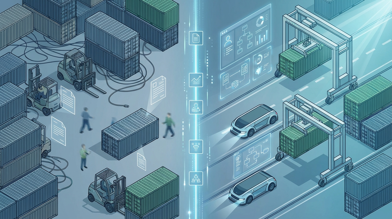 Isometric illustration of a container yard split between manual chaos and streamlined automation with digital dashboards and automated vehicles.
