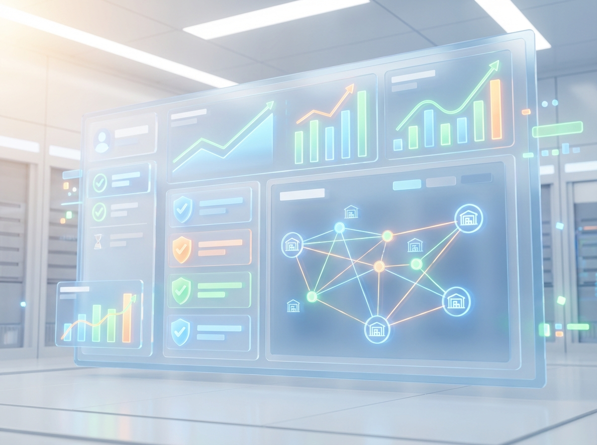 3D render of an abstract dashboard with growth charts, compliance icons, and a network of depots, symbolizing measurable operational improvements.