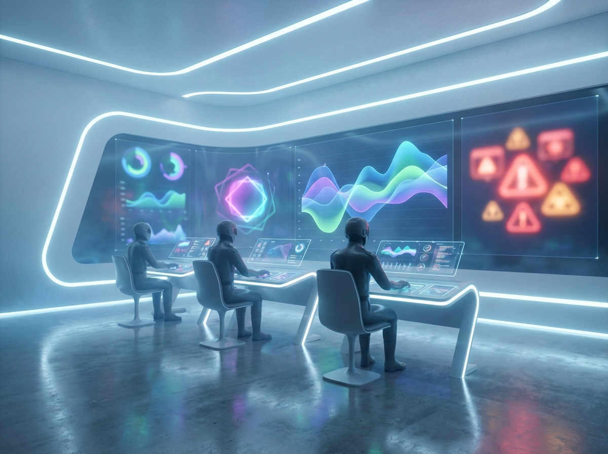 3D render of a control room with large digital screens showing abstract analytics and exception alerts, with operators monitoring scalable freight data.