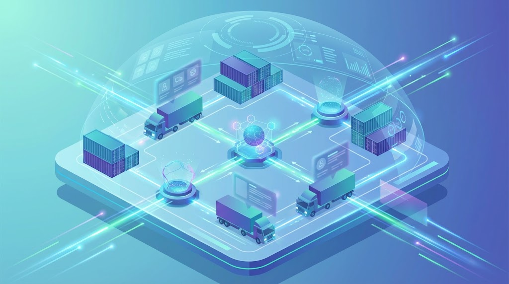 Isometric illustration of a connected logistics network with trucks, containers, and glowing digital nodes symbolizing real-time freight visibility.